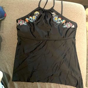 Dip black high neck halter tie back embroidered tankini womens bathing suit top